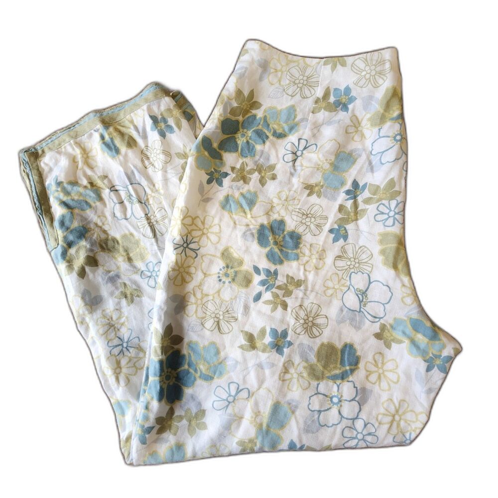 100% Linen Willi Smith Floral Cropped Leg Womens Pants Sz 10 Coastal Boho Beach